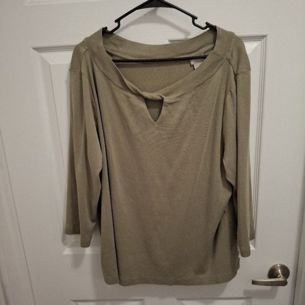Chico's Size XXL Olive Green Twisted Keyhole Neck 3/4 Sleeve‎ Casual Knit Top